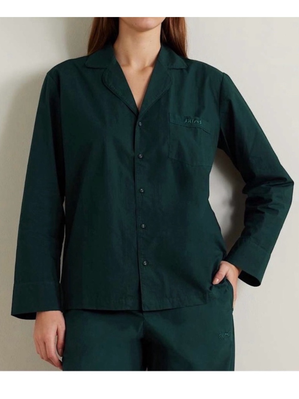 Kim Kardashian SKIMS Spa Embroidered Cotton-poplin Pajama Shirt Pine Size XS NEW